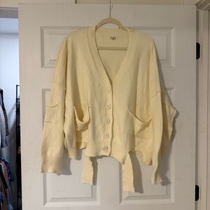 POL Cream Button-Up Distressed Pocket Cardigan Sweater